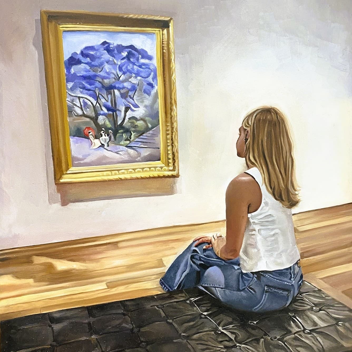 Young girl seated in gallery looks at painting of jacaranda tree in art gallery