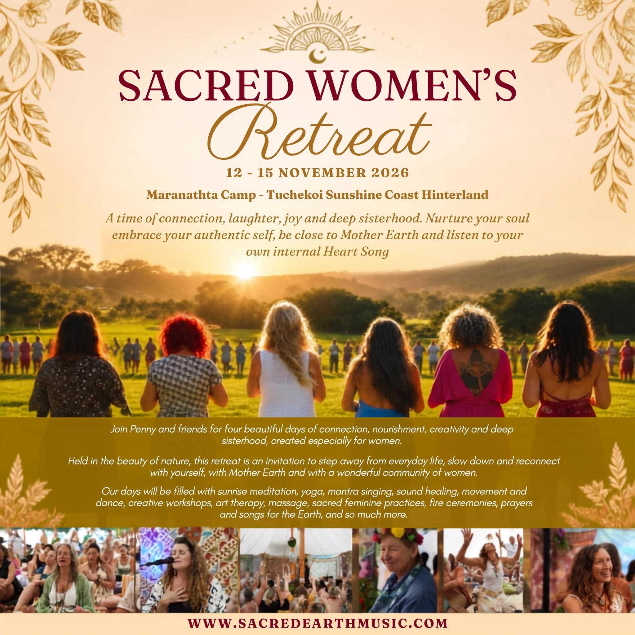 Ist möglicherweise ein Bild von Text „SACRED WOMEN'S Retreat 12 15 NOVEMBER 2026 Maranathta CaTp- Tuchekoi Sunshine Coast Hinterland A Lime fconnection, laughter joy and deep sisterhood. Nurture your soul your authentic self, close Mother Earth and listen O oyour w internal Heart Song Heid the beauty Jain Penny απά' friends for four beautiful days connecTa, nourishment, creativity ตกอ่ 6eBp sistemcod crectad aspecialy farwomen ofnature, ท่านร retreati yourself invitation step away OWT Our dlays เว dance, ίνε warkshops, and everryoay iife, sbw down ano ECT COMMUNTY wornen. meditatian, Mada sacred heEarth for singing, sound healing overtant and ε praciices coYenerie,Yoyer prayeri mare. WWW.SACREDEARTAMUSIC.COM“